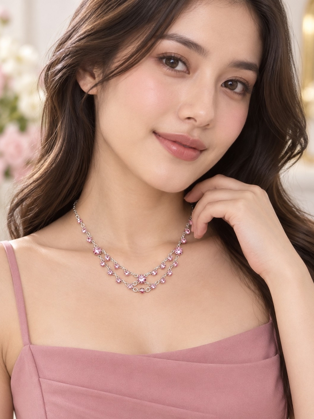 Avon Pink Crystal Double Strand Dainty Floral Necklace
